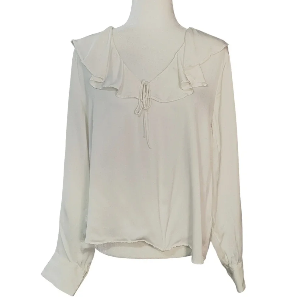 J.Crew Ivory Ruffle Collar Blouse Feminine Regency Coquette Long Sleeve White XL